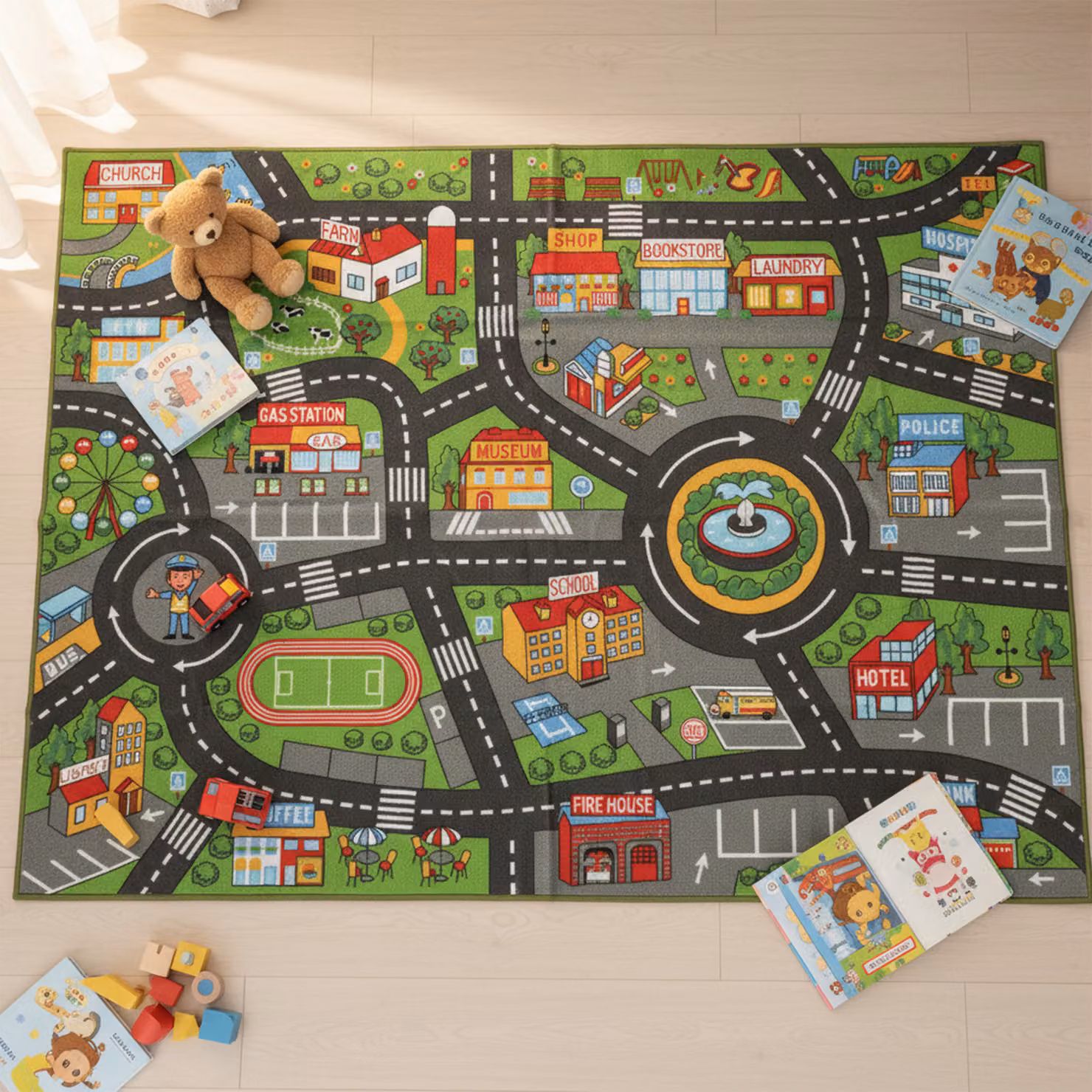 Tappeto da gioco per bambini AIYAPLAY con motivo strada cittadina, antiscivolo, Multicolore, L: 200 cm, P: 150 cm – 2