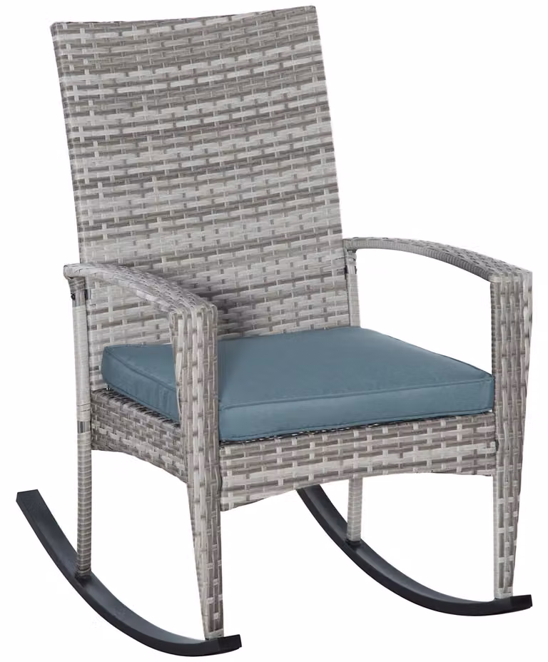 Poltrona a dondolo da giardino con cuscini, polyrattan + metallo, grigio, 66 x 88 x 98 cm