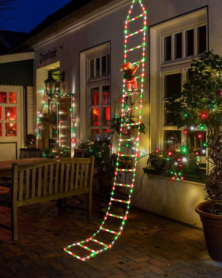 Catena luminosa da 3 metri, con 338 LED, a tema natalizio (Babbo Natale), con timer, 8 modalità di illuminazione, colori: rosso, bianco e verde