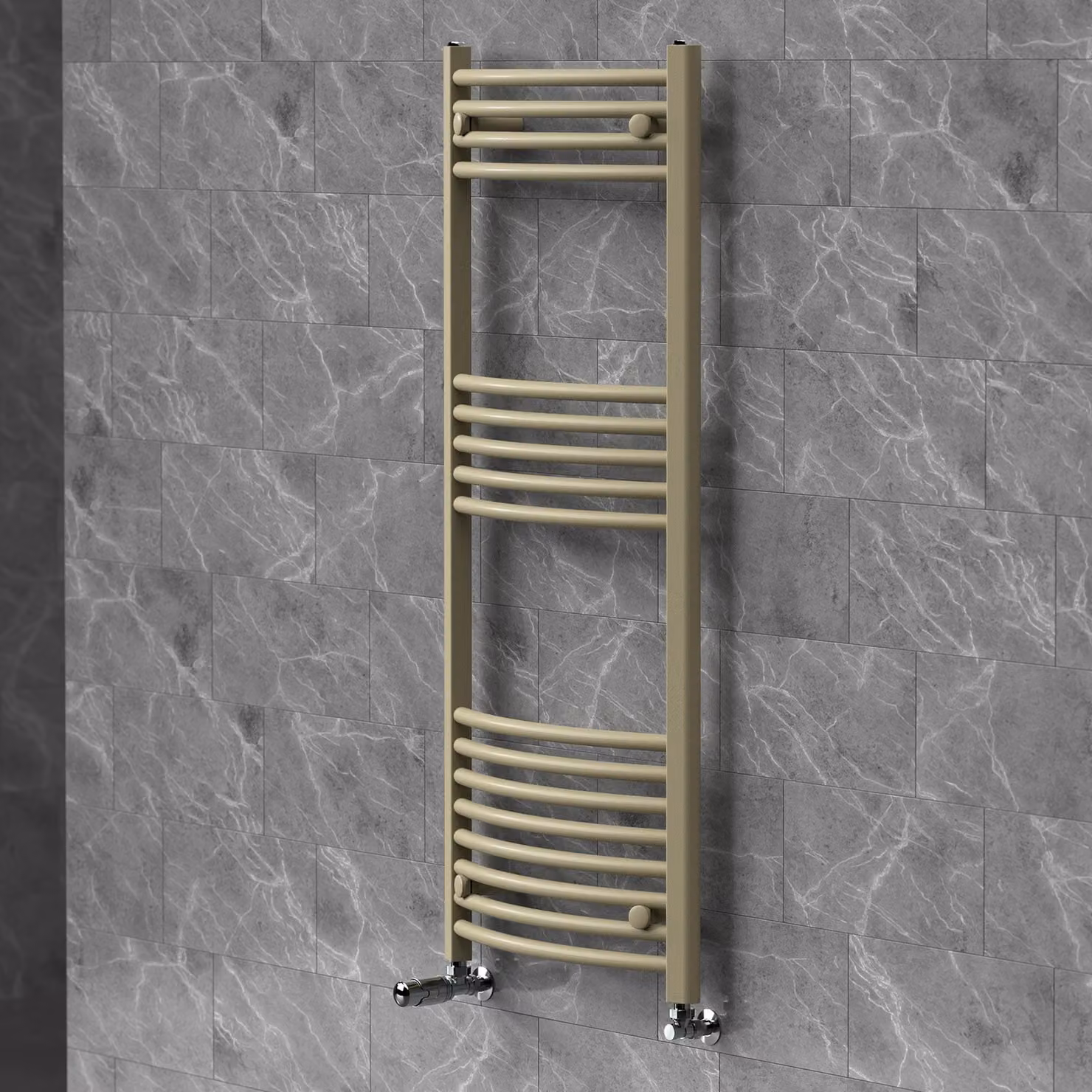 Asciugamani radiante LuxeBath 500x1200 mm, radiatore per bagno con valvola termostatica, asciugamani Sahara curvo con attacco laterale, portasciugamani, color beige