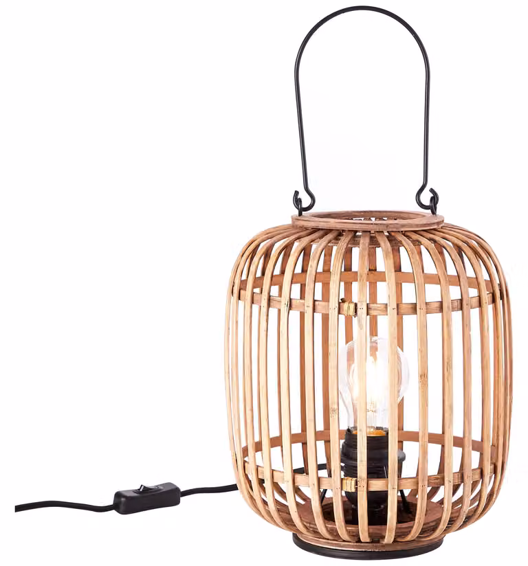 Lampada da tavolo BRILLIANT WOODROW con maniglia. 26,5 cm, metallo, rattan, color beige chiaro. Codice prodotto: HK18325S28