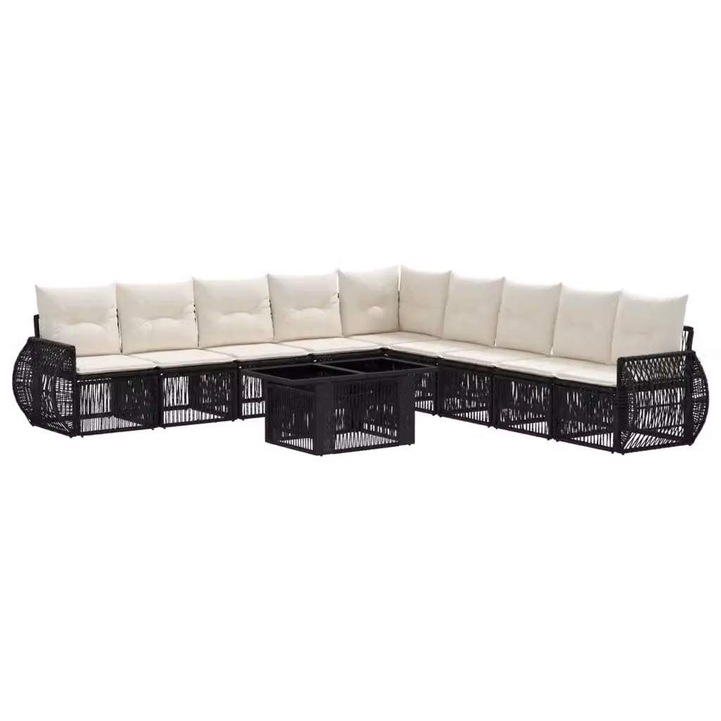 Set Divano da Giardino a L con Tavolino vidaXL, 10 Pezzi, Polyrattan Nero e Bianco Crema con Cuscini Inclusi – 2