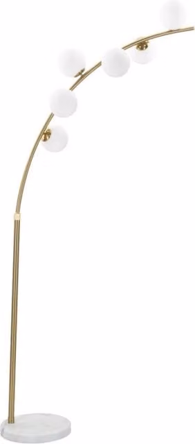Lampada da terra Glamy Arc con 6 luci in metallo oro, globi in vetro bianco e base in marmo, H: 220 cm