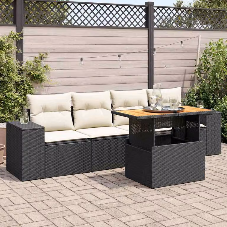 Set da giardino vidaXL composto da 5 pezzi in polyrattan nero con cuscini inclusi e tavolino da esterno