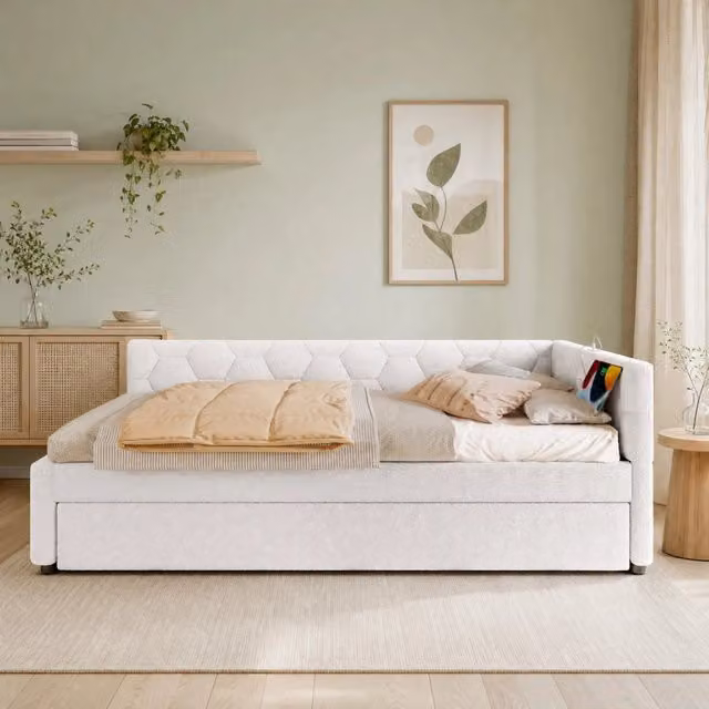 Letto Giorno REDOM in Bouclé Bianco con Letto Estrattibile, Porte USB e Tipo-C, L/P: 90 x 200 cm