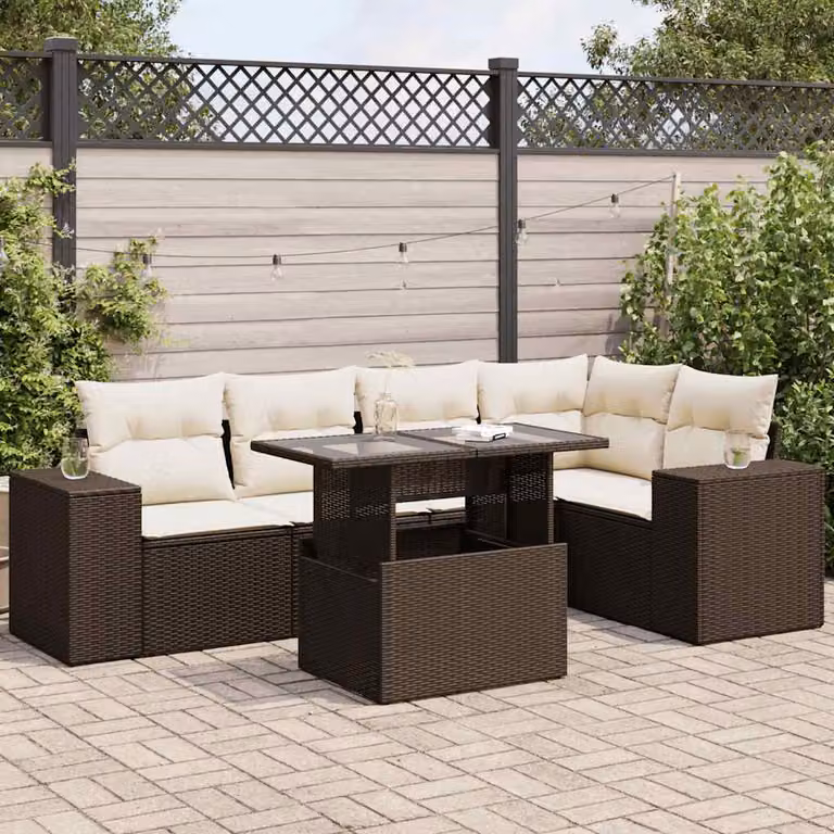 Set Divano da Giardino vidaXL 6 pz a Forma a L in Polyrattan Marrone con Cuscini e Tavolino da Esterno
