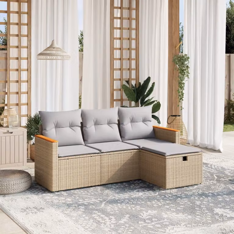 Set Divano da Giardino a L vidaXL 4 pz con Cuscini Beige e Grigio in Polyrattan e Acciaio