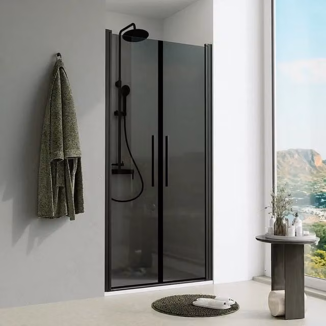 Porta doccia 80cm apertura saloon con profili nero opaco e vetro da 6mm fumè h195 | Elba