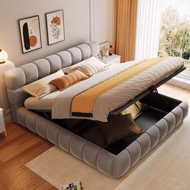 Letto imbottito contenitore ¨C Minimal ¨C Grigio velluto 140x200 cm idraulico