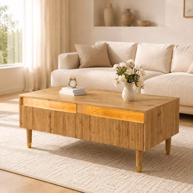 Tavolino da caffè LED 110x50x40 cm con 2 cassetti; MDF colore legno