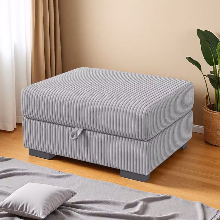 UnboxG Pouf in velluto a coste grigio con contenitore – Poggiapiedi / panca con contenitore, mobile imbottito moderno per soggiorno e camera da letto