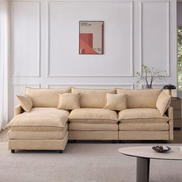 Divano angolare 3 posti con chaise longue e poggiapiedi ¨C Minimal ¨C tessuto chenille imbottito
