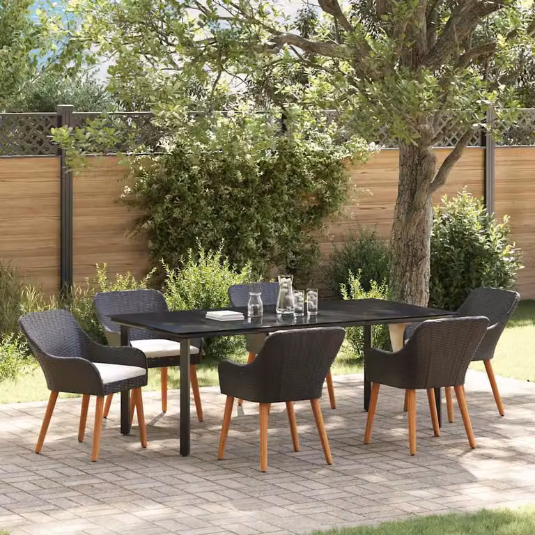 Set da pranzo per giardino e terrazza vidaXL in polyrattan nero con tavolo in vetro e 7 pezzi