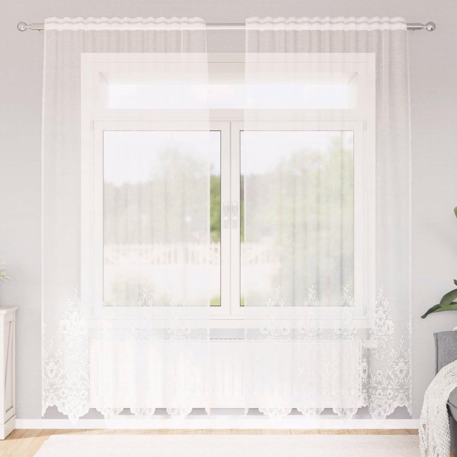 Tenda in pizzo bianca vidaXL con motivo floreale in poliestere, L: 200 cm, H: 150 cm