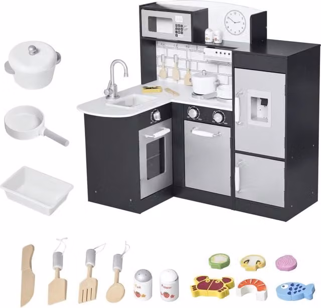 Cucina giocattolo in legno per bambini con 14 accessori, colori argento, marrone e nero, L 86 cm x P 64 cm x H 84,5 cm