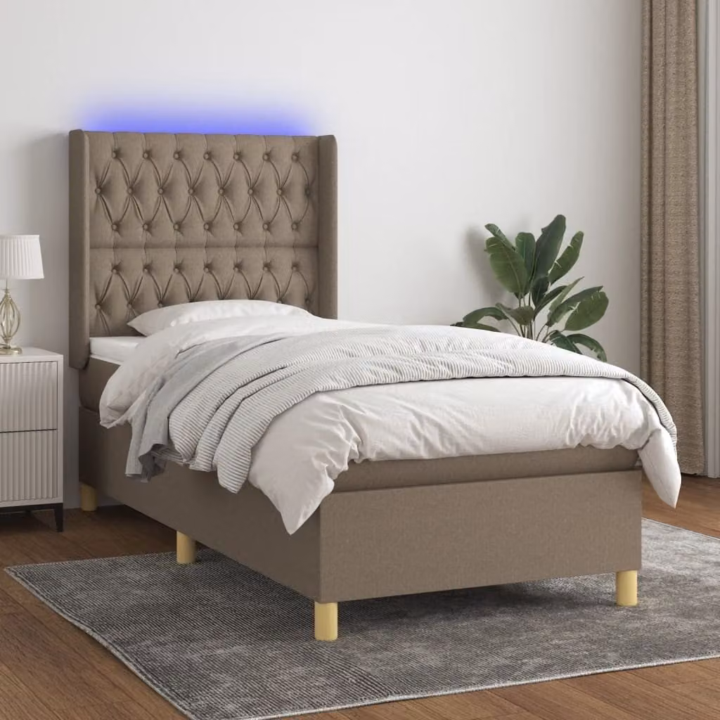 The Living Store Letto a molle insacchettate con materasso e tessuto LED Taupe 90x190 cm