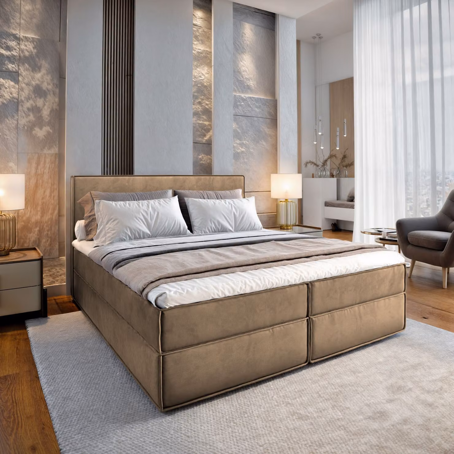 Letto a molle Masseno PELLIO 180x200 cm completo di materasso e topper Bonell, letto imbottito con cassettiera -Beige, MONOLITH 09