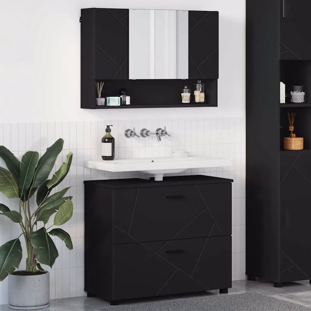 Set di mobili per il bagno moderno vidaXL composto da mobile lavabo e armadietto con specchio, colore nero opaco, L/P/H: 76,5 x 35 x 64 cm