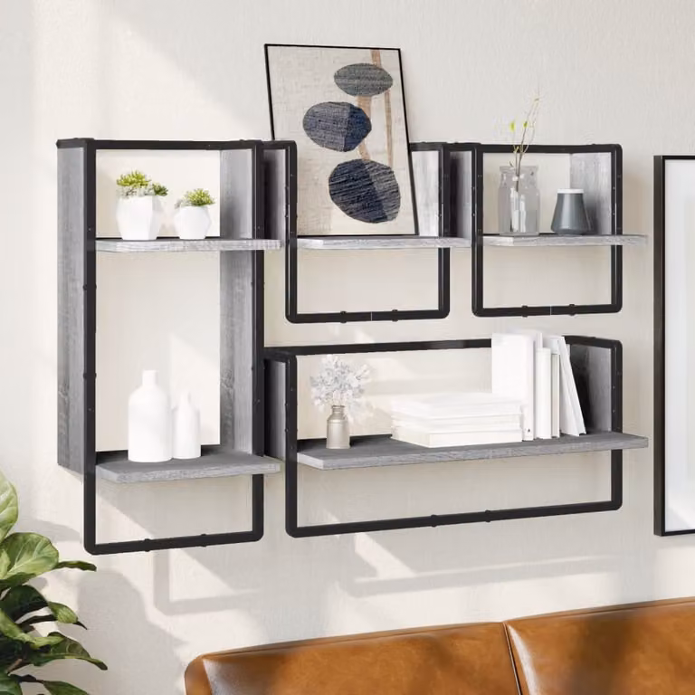 Set di 4 mensole da parete vidaXL in stile industriale con aste in metallo e legno multistrato, colore grigio Sonoma
