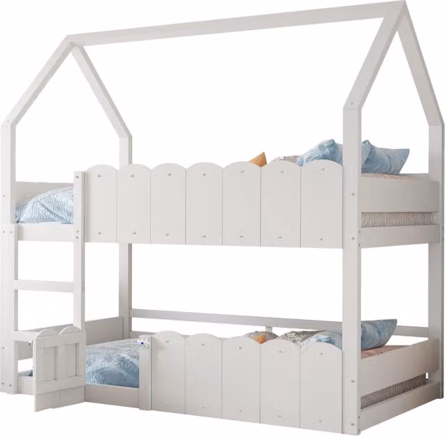 Letto a Soppalco per Bambini con Design a Casetta, Sponda e Scaletta, in Legno e Metallo, Bianco, L/P/H: 200 x 90 x 181,5 cm