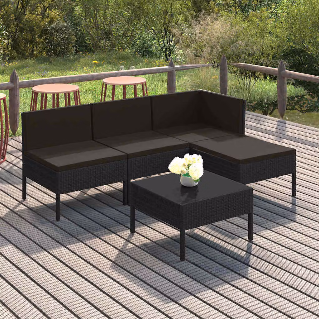 Set Divani da Giardino vidaXL 5 Pezzi in Polyrattan Nero con Cuscini e Tavolino da Esterno
