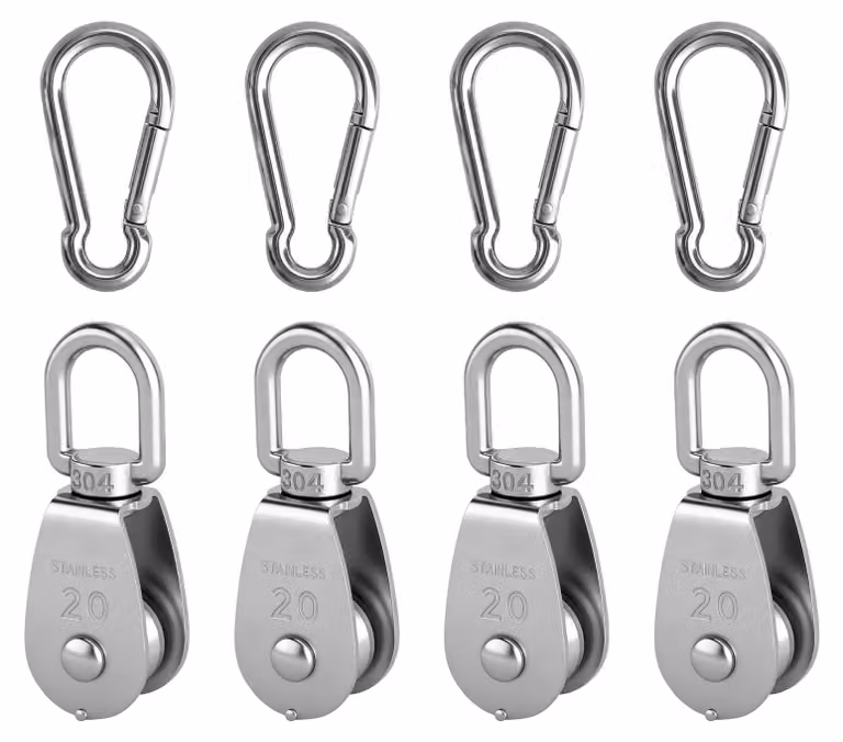 Set di carrucole per sollevamento, 8 pezzi, acciaio inossidabile, capacità di carico 75 kg, composto da 4 carrucole M20 e 4 ganci M6