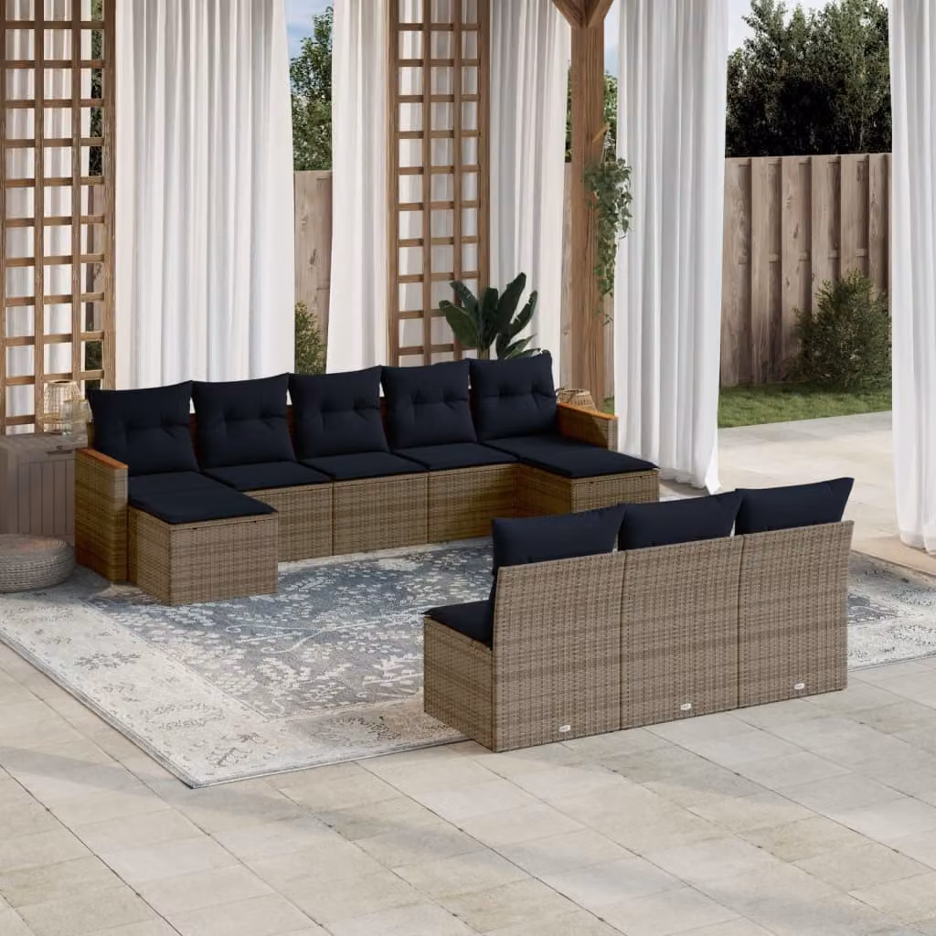 Set di divani da giardino vidaXL in polyrattan grigio con cuscini e struttura in acciaio, composizione a forma di U con elementi angolari e pouf