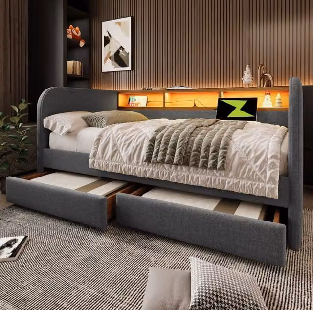 Letto imbottito 140x190 cm con LED; USB-C; 2 cassetti e vano a giorno; lino grigio