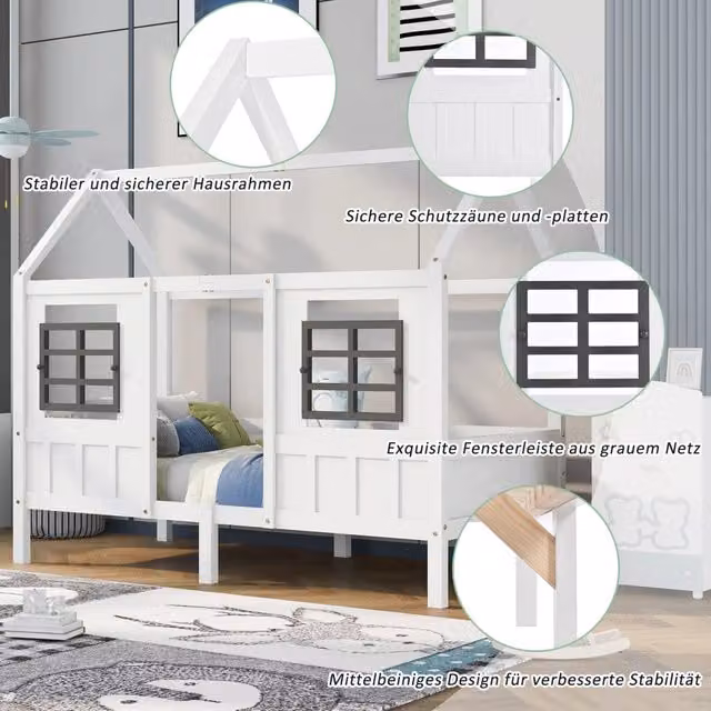 letto a forma di casa in legno massello bianco 207 x 97 cm