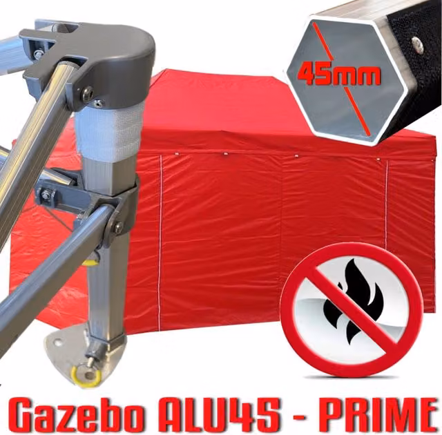 Gazebo pieghevole rosso con laterali in alluminio e acciaio certificato ignifugo L: 4,5 m, P: 3 m