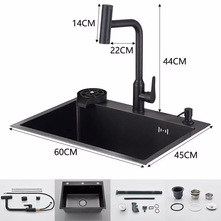 Lavello da cucina - Vasca singola, modello a paraspruzzi - 60x45 cm - Acciaio inossidabile 304 - Miscelatore estraibile per acqua calda e fredda - Nero