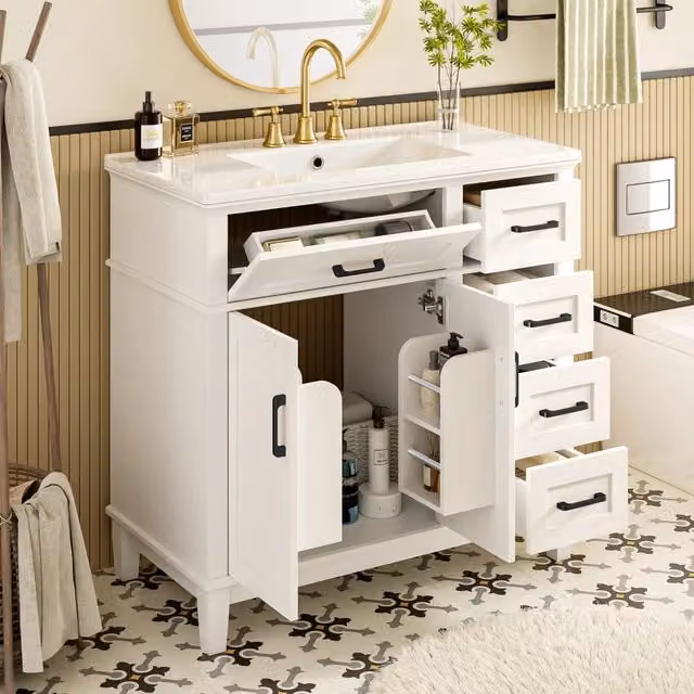 Mobile Bagno con Lavabo Integrato ¨C MINIMAL ¨C Bianco, Legno Massello, 90x46x87