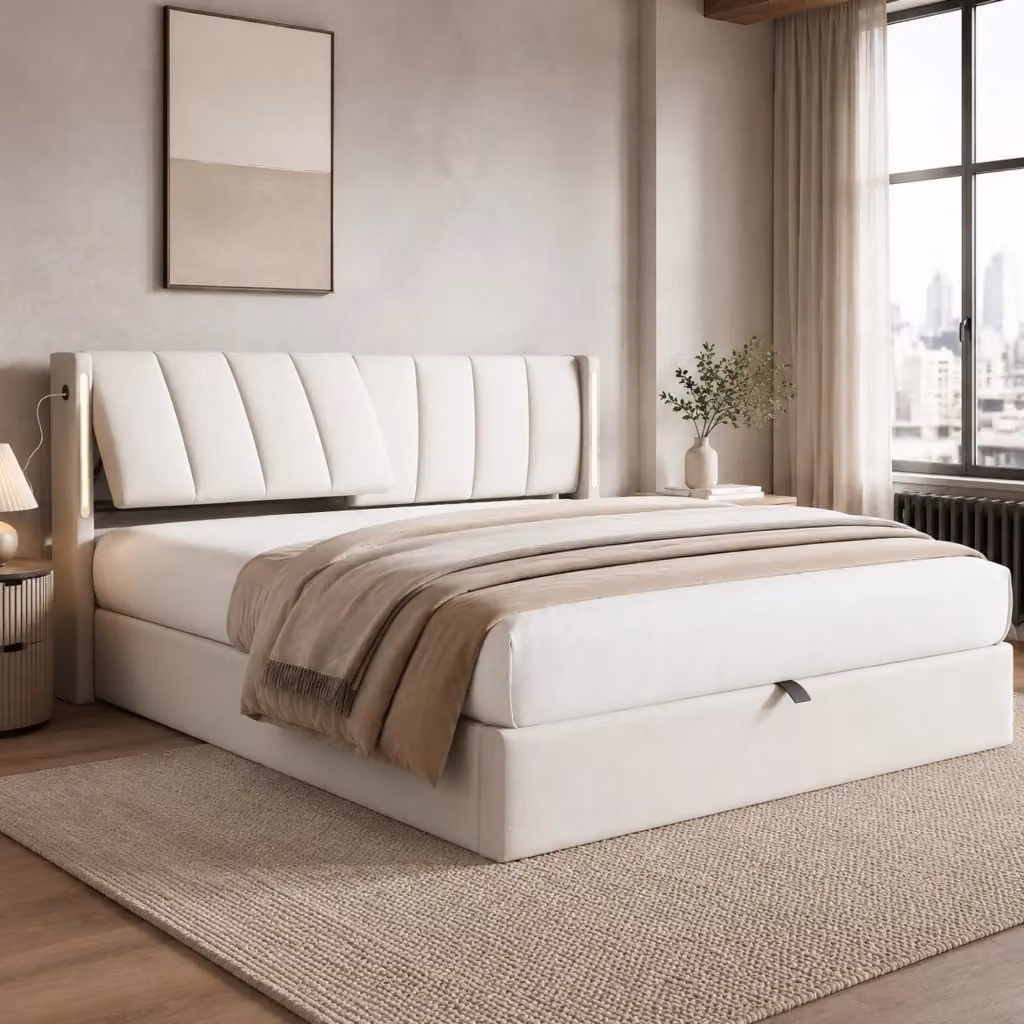 Letto Contenitore REDOM Bianco in Ecopelle con Illuminazione LED e Porte USB L/P/H: 200 x 140 x 45 cm – 2