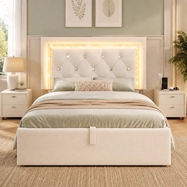 Letto contenitore Mivray in velluto beige con testiera LED, luci sottostante e porte USB e Type-C, L/P/H: 90 x 200 x 101 cm