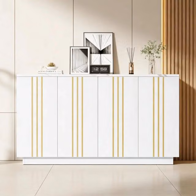 Madia moderna MIVRAY con 4 ante e divisori regolabili, finitura bianca opaca con linee dorate per soggiorno o ingresso, L 140 x P 35 x H 70 cm – 1