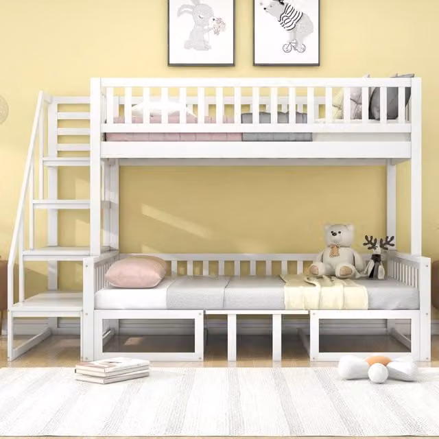 Letto a castello salvaspazio con scala, tavolo regolabile, divano in legno, struttura robusta in pino - Bianco 90x200 e 120x200 cm