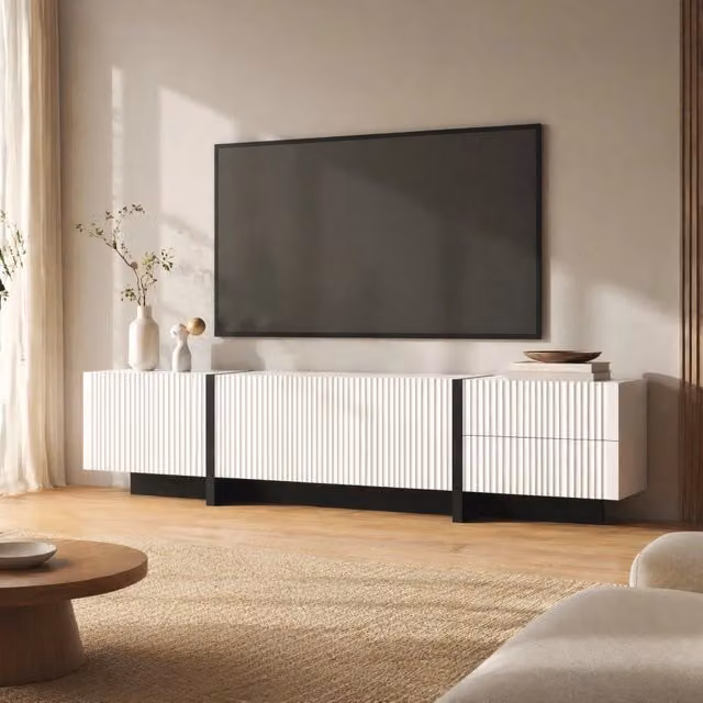 Mobile TV moderno REDOM in MDF con 3 ante e 2 cassetti, Bianco e Nero, L 190 cm x P 35 cm x H 45 cm