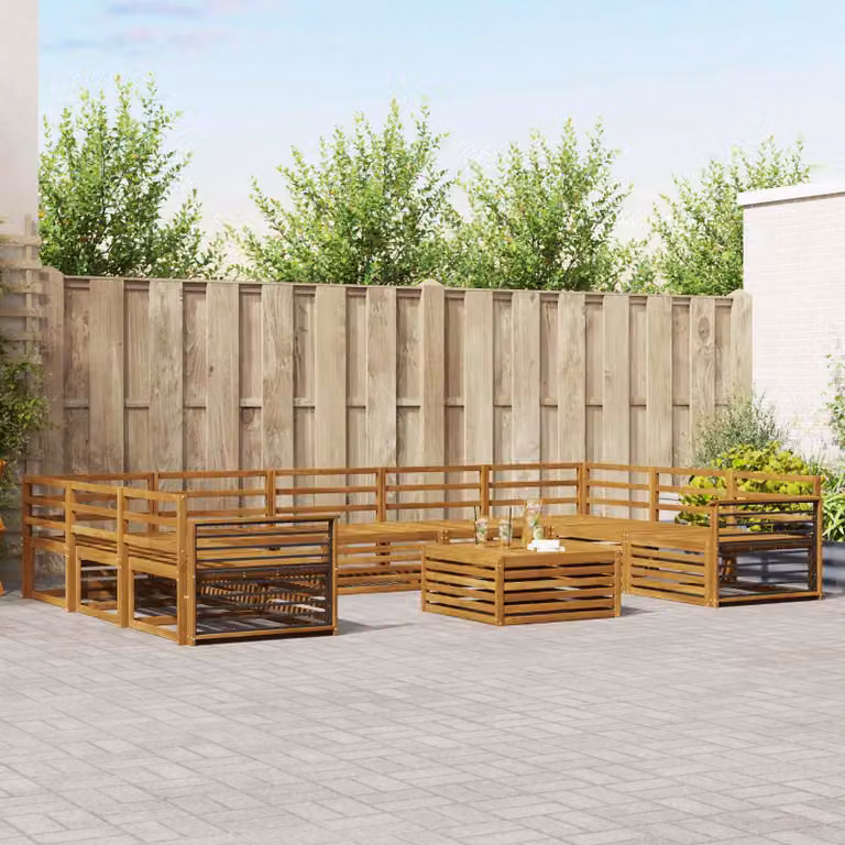 Set di divani da esterno vidaXL in legno di acacia marrone con 10 pezzi, compresi cuscini e tavolino da caffè, ideale per giardino e terrazza