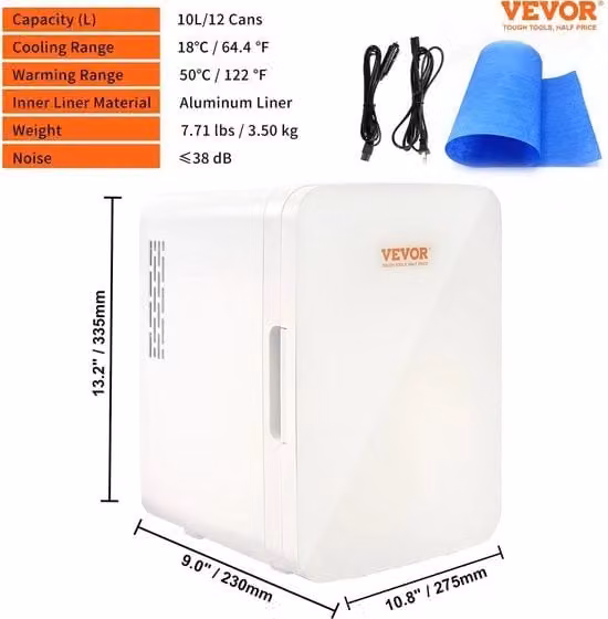 Mini Frigorifero Portatile - Frigorifero/Ventilatore, 2°C a 50°C - Indipendente - 10 Litri - 3 Ripiani - Frigorifero Compattibile - Pratico (portatile) - Struttura Bianca - 5 Supporti - Bianco - 12 Volt - Auto, Campeggio, Outdoor, Camera da Letto