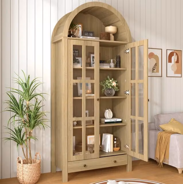 Vetrina alta ad arco in MDF con ante in acrilico e cassetto; 75 x 35 x 170;5 cm; naturale