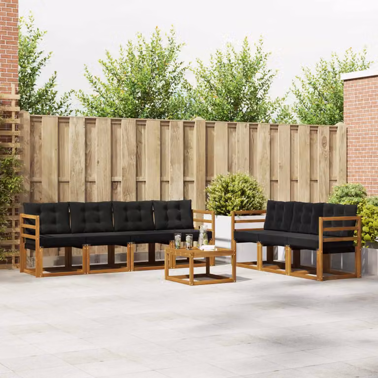 Set di divani da esterno vidaXL 8 pezzi in legno di acacia e textilene, colore marrone e nero, con cuscini e tavolino da giardino
