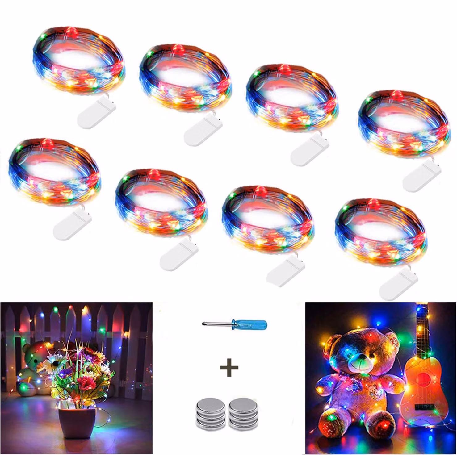 Catena luminosa a LED, set da 8, lunghezza 3 metri, 30 LED, multicolore, alimentazione a batteria