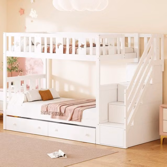 Letto a castello per bambini in legno e MDF bianco con scala contenitore e 2 cassetti L/P/H: 252 x 90 x 160 cm