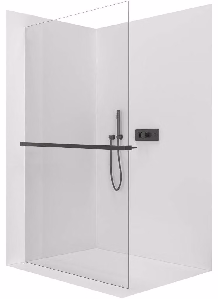 CERANO - Box doccia Walk-in Crystal L/P - 8 mm + mensola/portasciugamani - sistema senza montanti - nero opaco, vetro trasparente - 80x200 cm