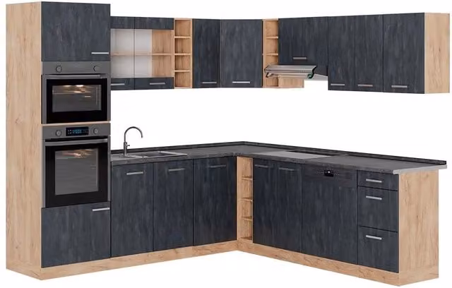 Cucina angolare completa Vicco R-Line moderna in Calce nera e Rovere dorato con piano Antracite L 247 cm x P 237 cm