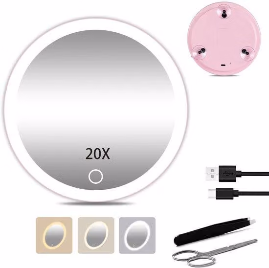 Specchio da trucco compatto da 15 cm con illuminazione e ventose
