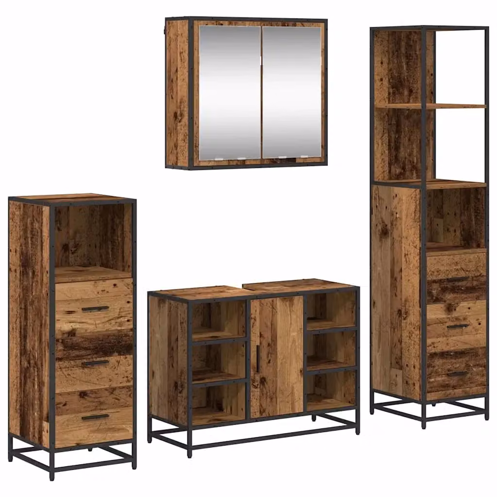 Set di mobili per il bagno vidaXL 4 pezzi in legno e metallo marrone con specchio, mobile lavabo, mobile laterale e colonna alta L/P/H: 80 x 33 x 166 cm – 2