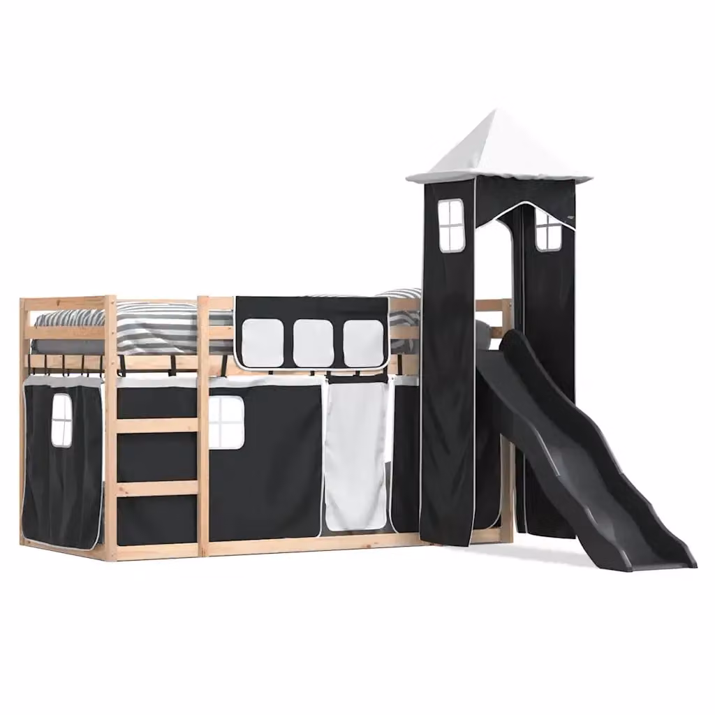 vidaXL Letto a Castello per Bambini con Scivolo e Tende in Legno di Pino Bianco, Nero e Antracite, L/P/H: 200 x 80 x 113 cm – 2