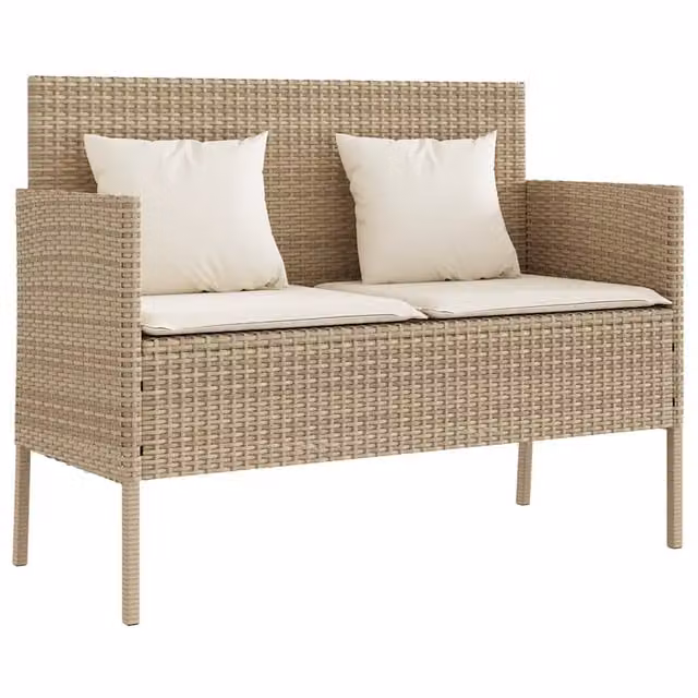 Panchina da giardino moderna in polyrattan con cuscini beige e braccioli