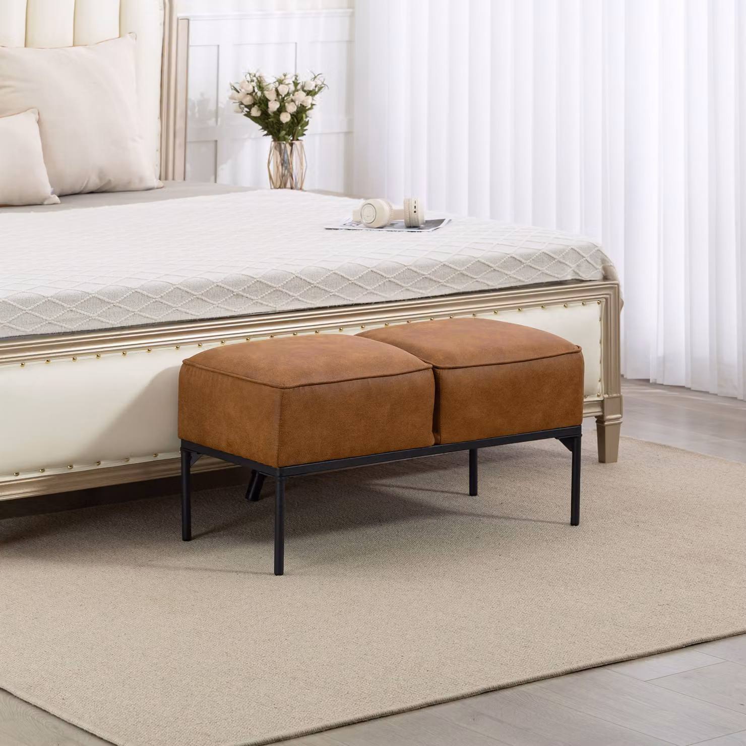 Panca moderna HOMCOM in pelle sintetica marrone con seduta imbottita e gambe in metallo, L 80 x P 40 x H 46 cm – 2